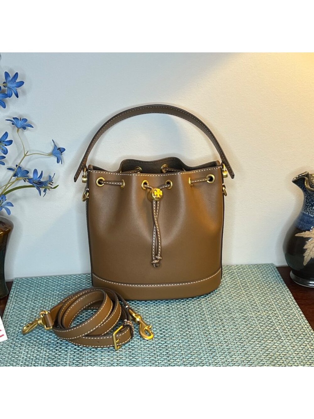 EUC Tory Burch T Monogram Leather Bucket Bag - Moose